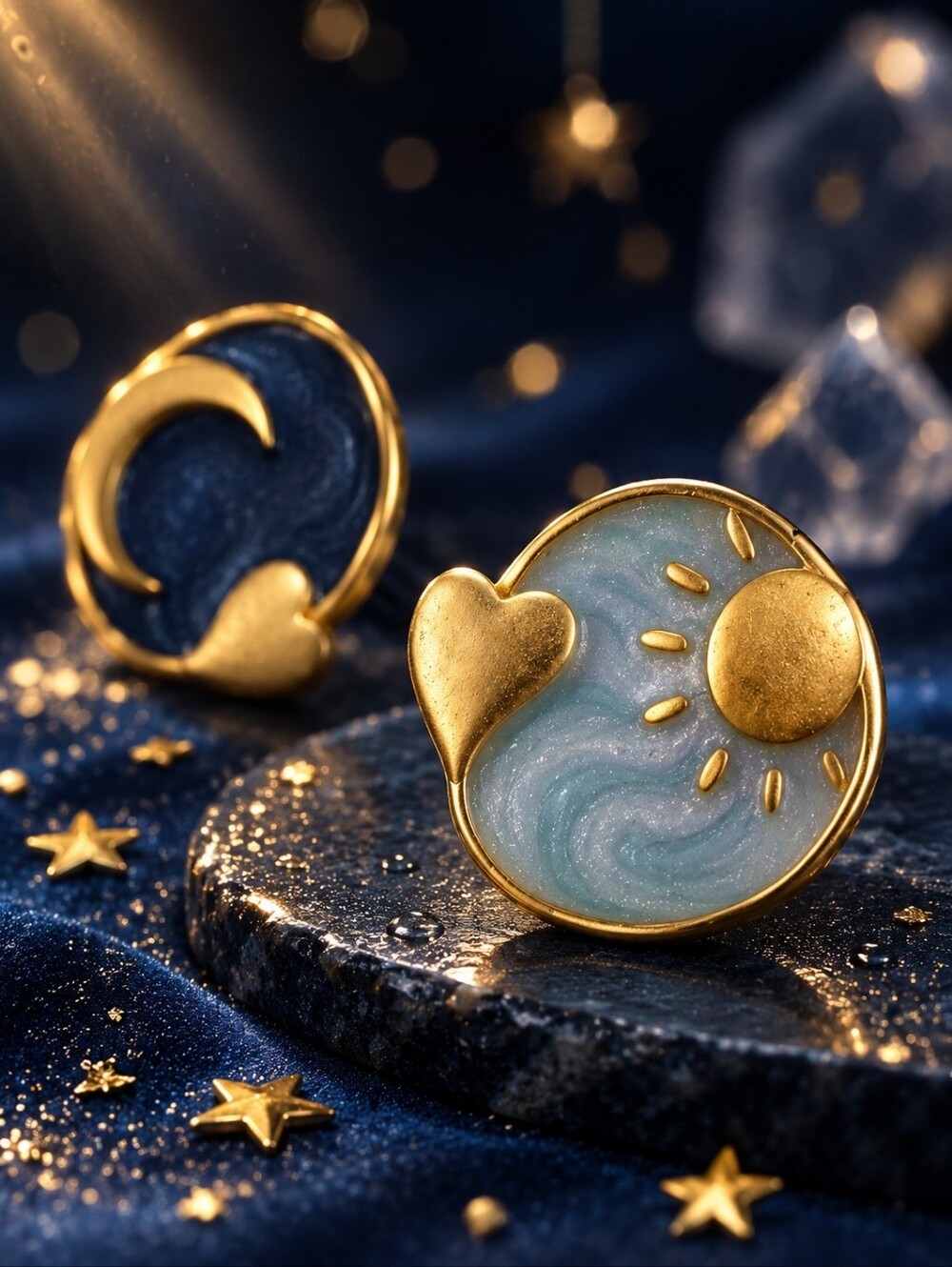 Mismatched Celestial Sun Moon Blue Resin Gold Stud Earrings Whimsigoth 0.6in